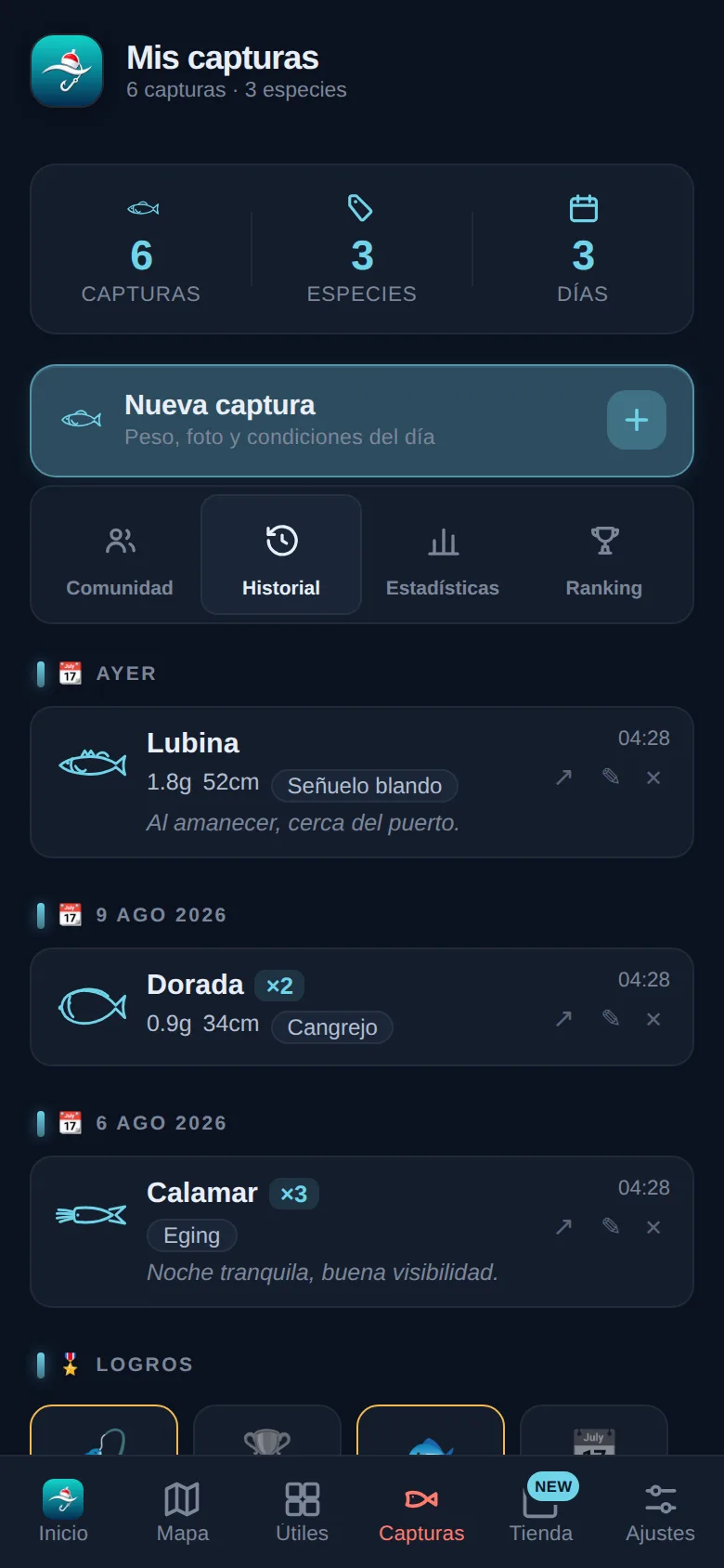 Diario de capturas en la app Pescar Hoy