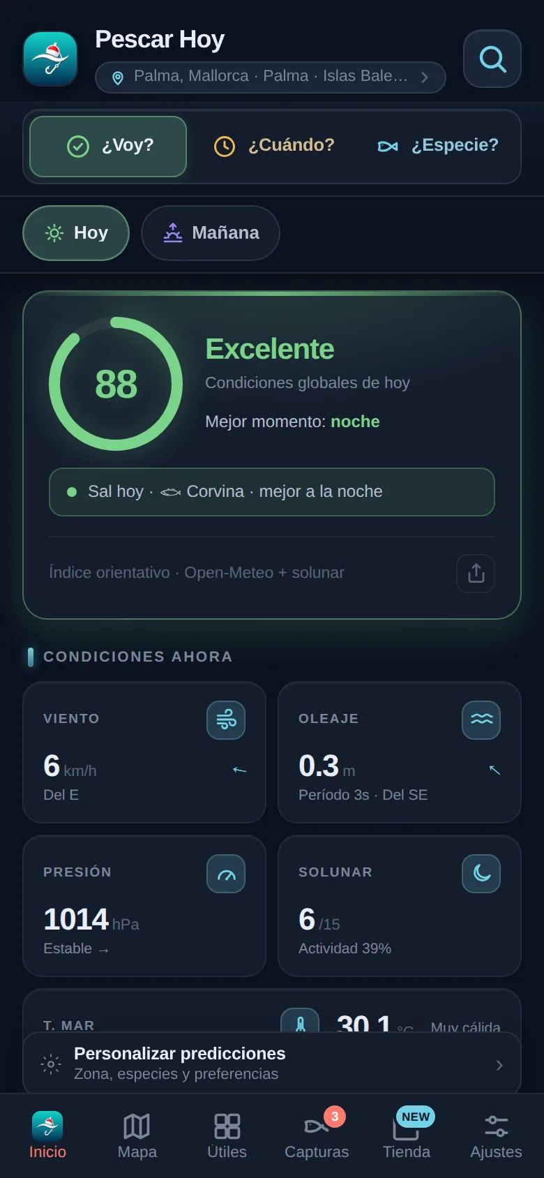 Captura real de la predicción del día en la app Pescar Hoy