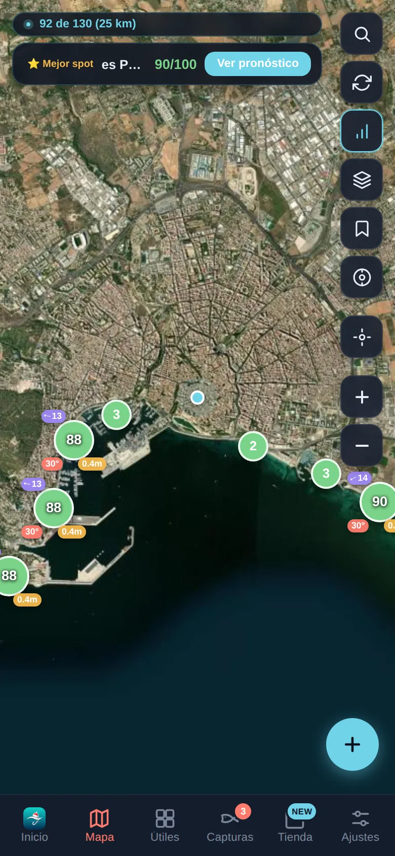 Mapa de caladeros en la app Pescar Hoy