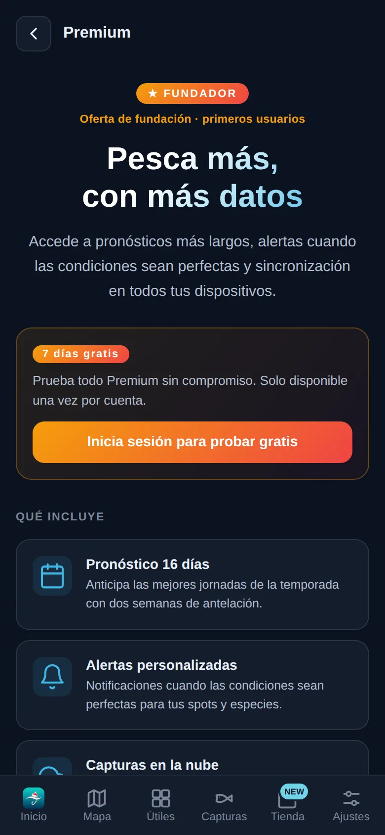 La app Pescar Hoy mostrando la pantalla de Premium con sus funciones