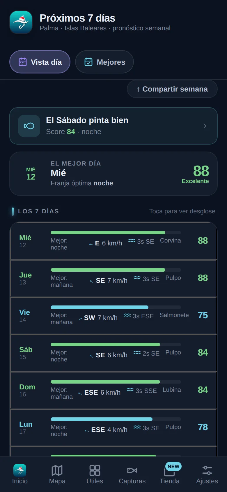 La app Pescar Hoy mostrando la vista semanal con el mejor día destacado
